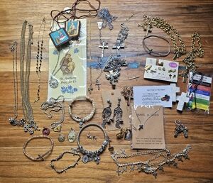 Religious Jewelry Assortment Lot In Metal Tin